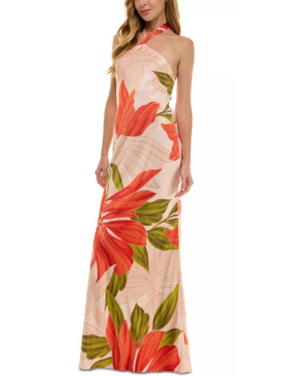 Seni & Cade Floor Length Satin Gown Peach Floral Juniors Size M - Picture 2 of 4